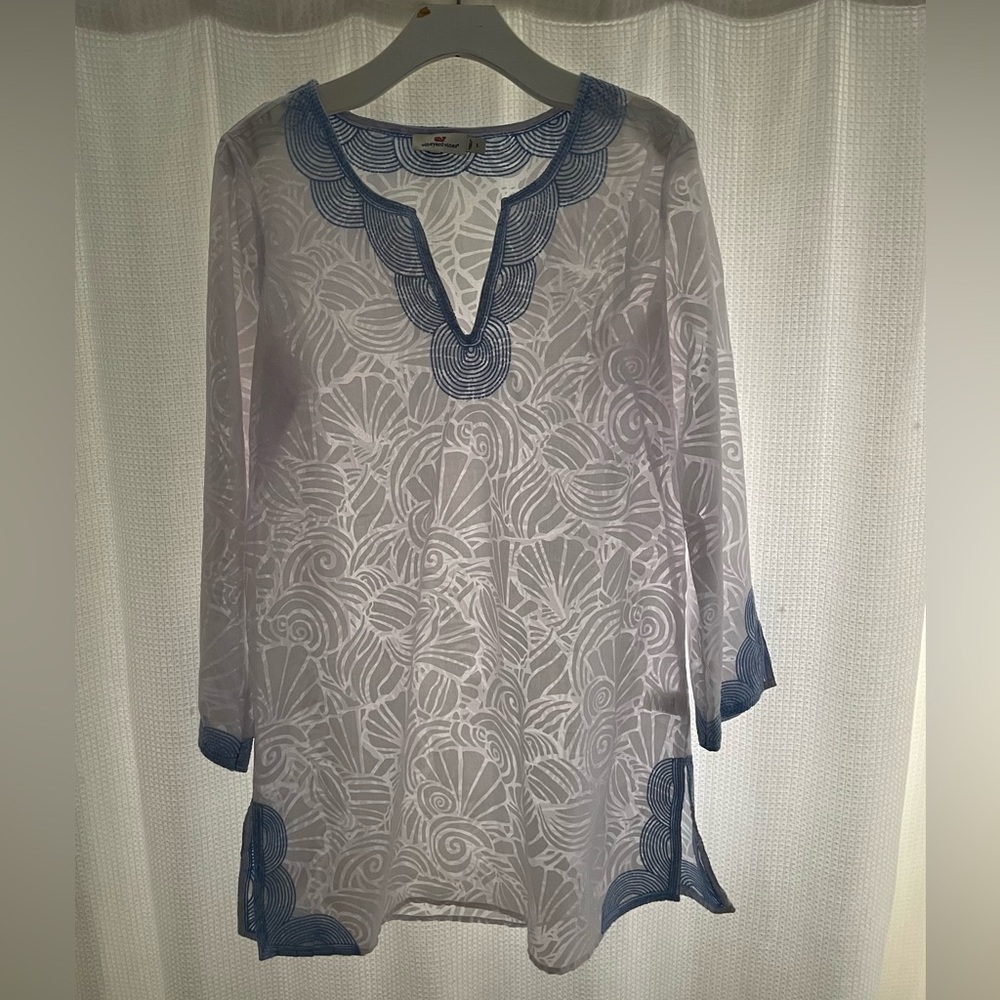 Vineyard Vines sheer tunic or coverup sz S, blue embroidery neck, sleeves, hem.